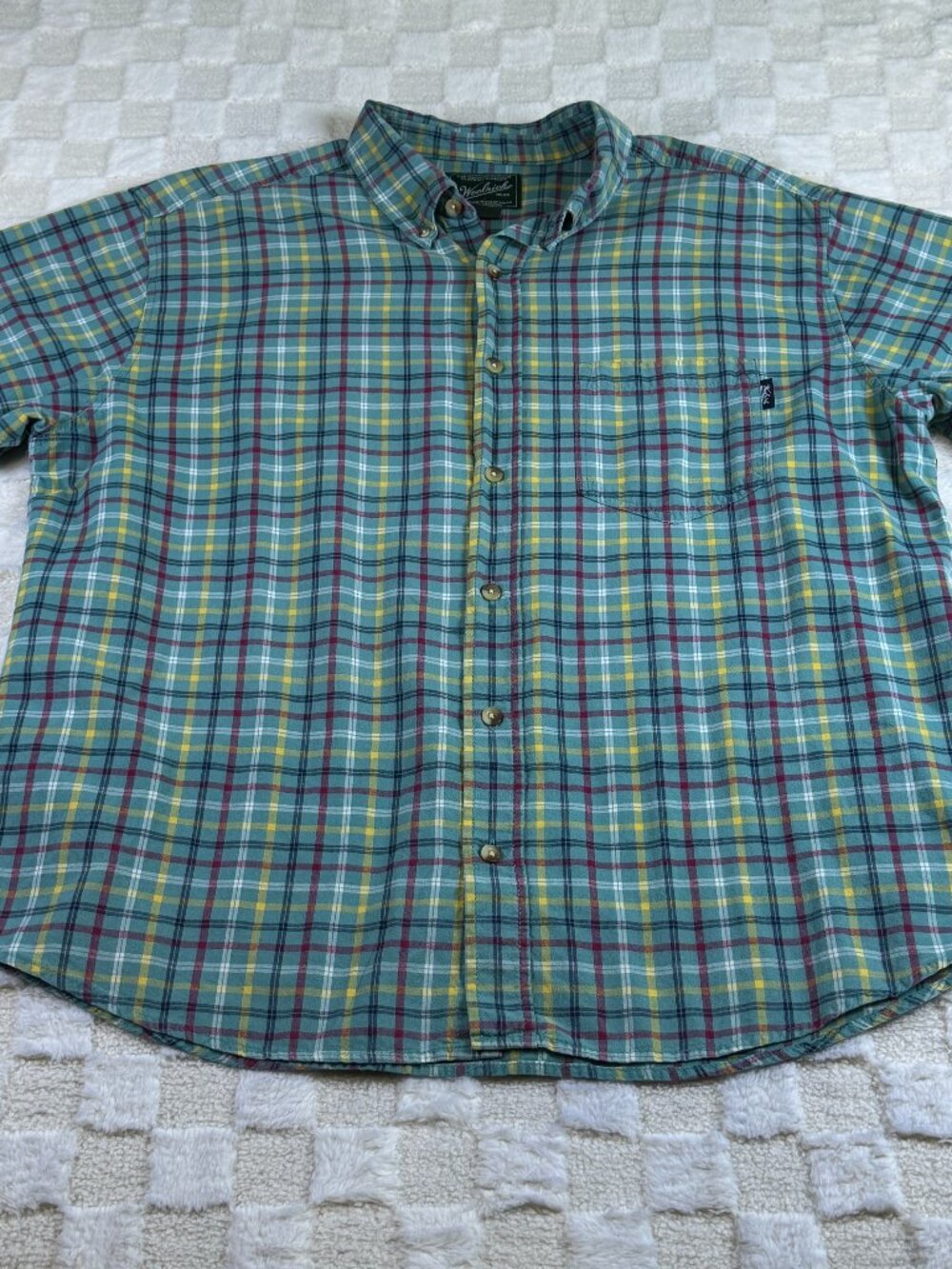 Woolrich Mens Shirt XL Short Sleeve Button Down Plaid Teal Green Cotton Casual